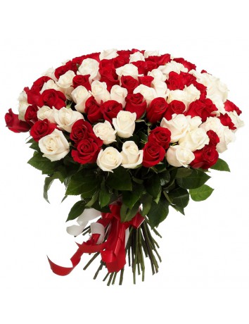 Букет Любовь и голуби из 101 белой и красной розы