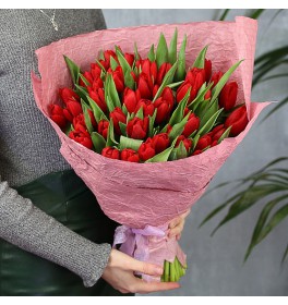 Букет из 51 красного тюльпана в стильном оформлении